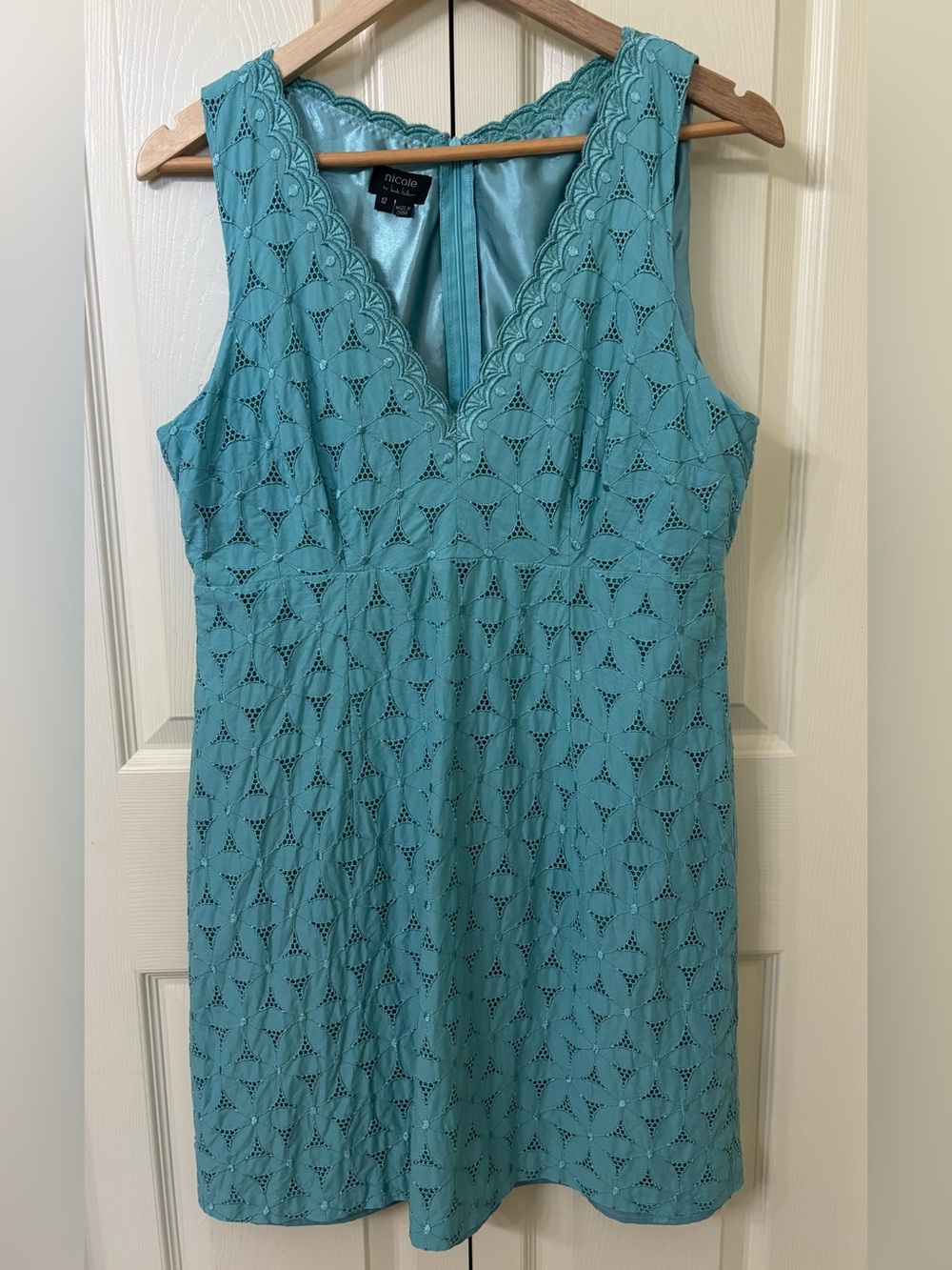 Nicole by Nicole Miller Sleeveless Teal Eyelet A-line Mini Dress(12)